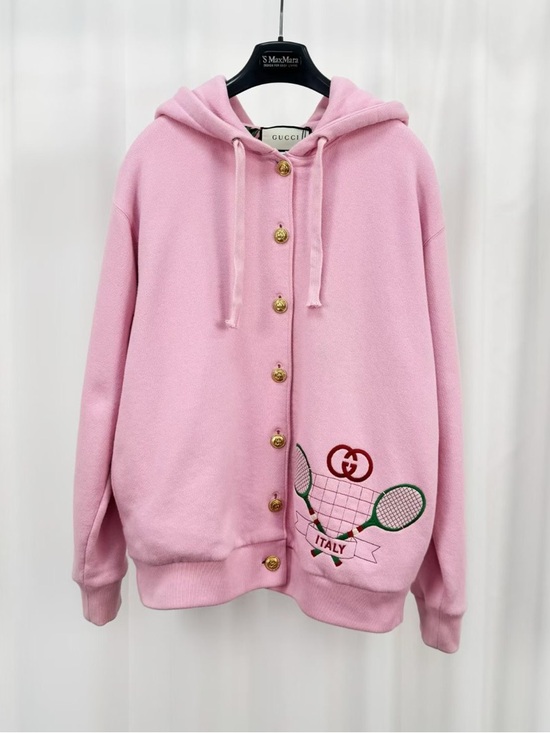 Gucci Jackets & Blazers - 🚩steal Gucci Pastel Pink Hooded Button-Up Sweatshirt with Tennis Embroidery